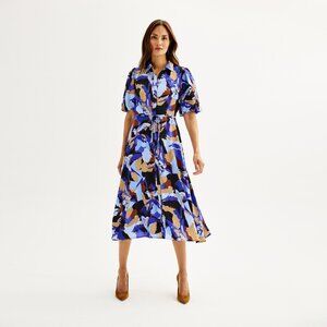 Nine West Purple Bird Print Satin Balloon Sleeve Midi‎ Dress w/Tie Size XXL 20